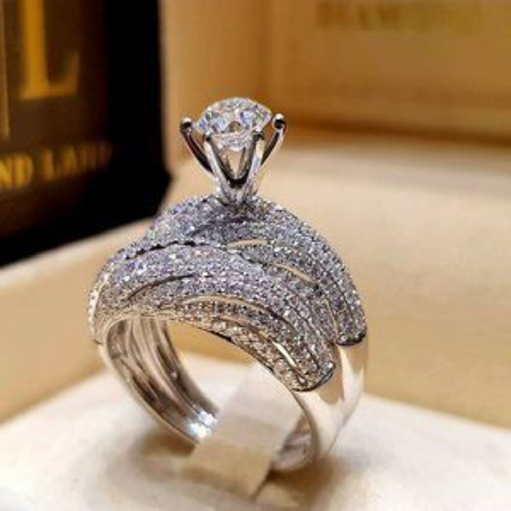 NEW 925 Silver Wave Solitaire Diamond 2PC Ring H